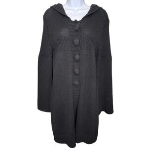 Roberto Klein Womens Black Knit Long Hooded Cardigan Sweater Coat Sz L Cozy Boho